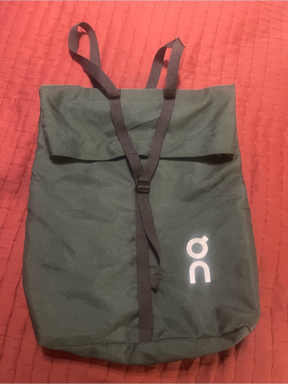 On Running Dark Green Roll-Top Backpack with Black Straps